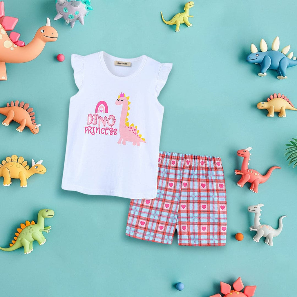Girls Dinosaur Print T-Shirt With Shorts Set Sets White 1-2 Y 