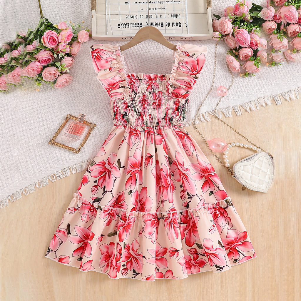 Girls Pink Floral Printed Sleeveless Square Neck Fit & Flare Dress Casual Dresses Pink 3-4 Y