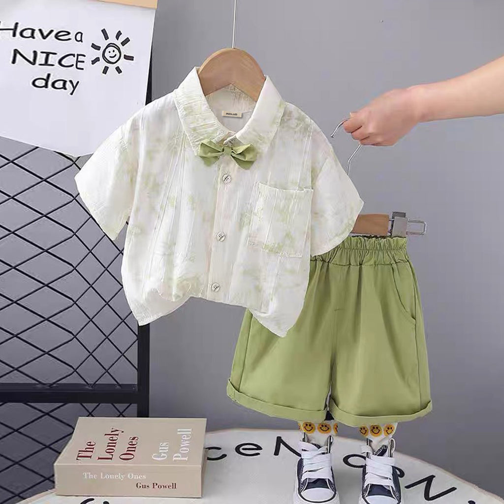 Boys Printed Short Sleeves Front Pocket Shirt With Green Shorts Set 2 pc. Sets