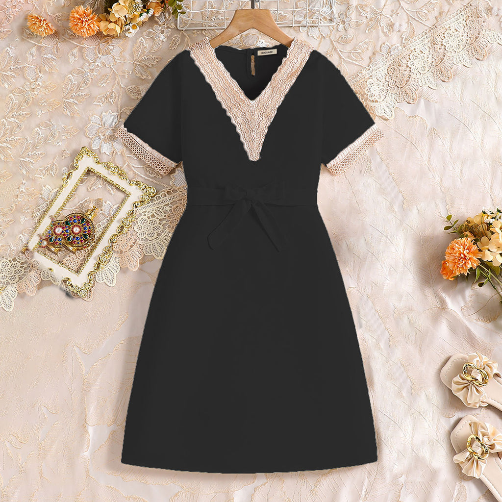 Girls Black Short Sleeves V-Neck A-Line Dress Casual Dresses Black 7-8 Y