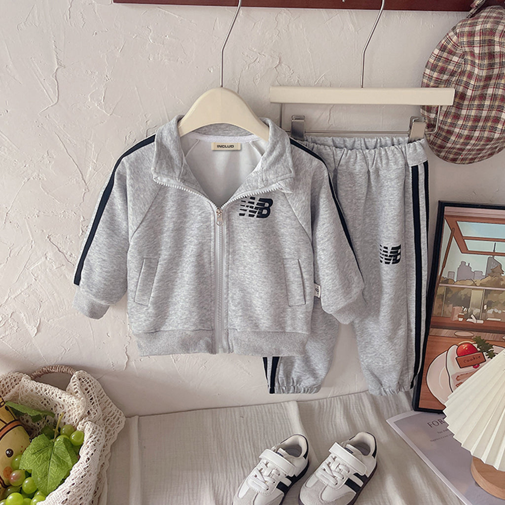 Boys Grey Winter Zipper Jacket With Trackpants Co-ord Set 2 pc. Sets Grey 1-2 Y