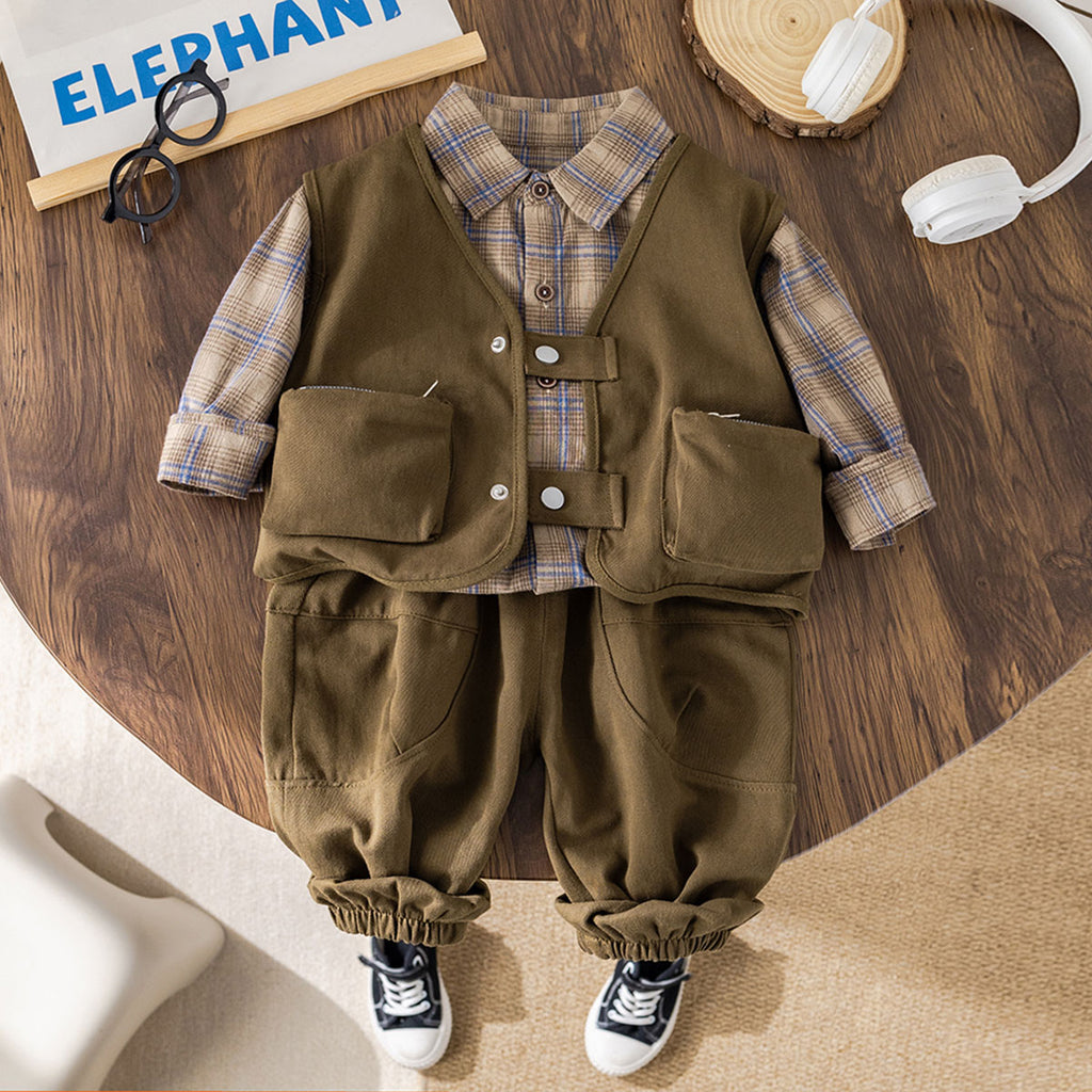 Boys Dark Brown Reporter Jacket With Checked Shirt & Joggers Set Sets Dark Brown 1-2 Y