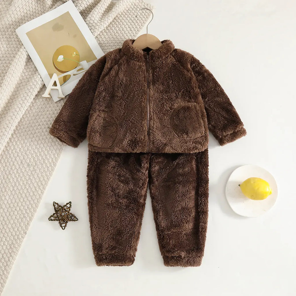 Girls Dark Brown Polar Fleece Zipper Jacket With Jogger Co-ord Sets Sets Dark Brown 1-2 Y