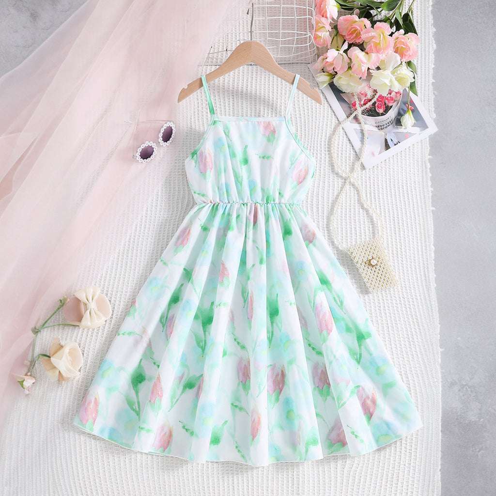 Girls Multicolor Floral Print Sleeveless Strappy Fit & Flare Dress Casual Dresses