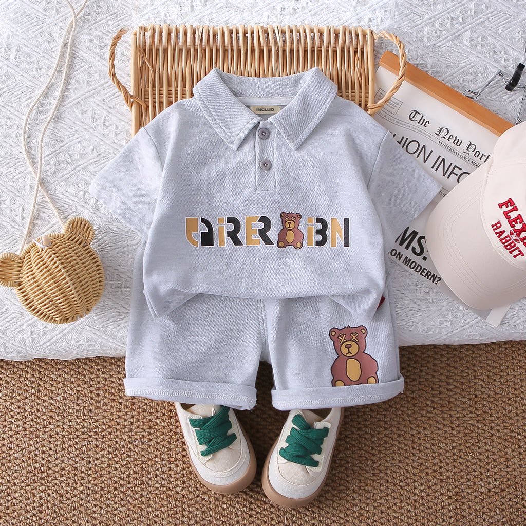 Boys Grey Bear Printed Short Sleeves Polo T-Shirt With Shorts Set 2 pc. Sets Grey 1-2 Y
