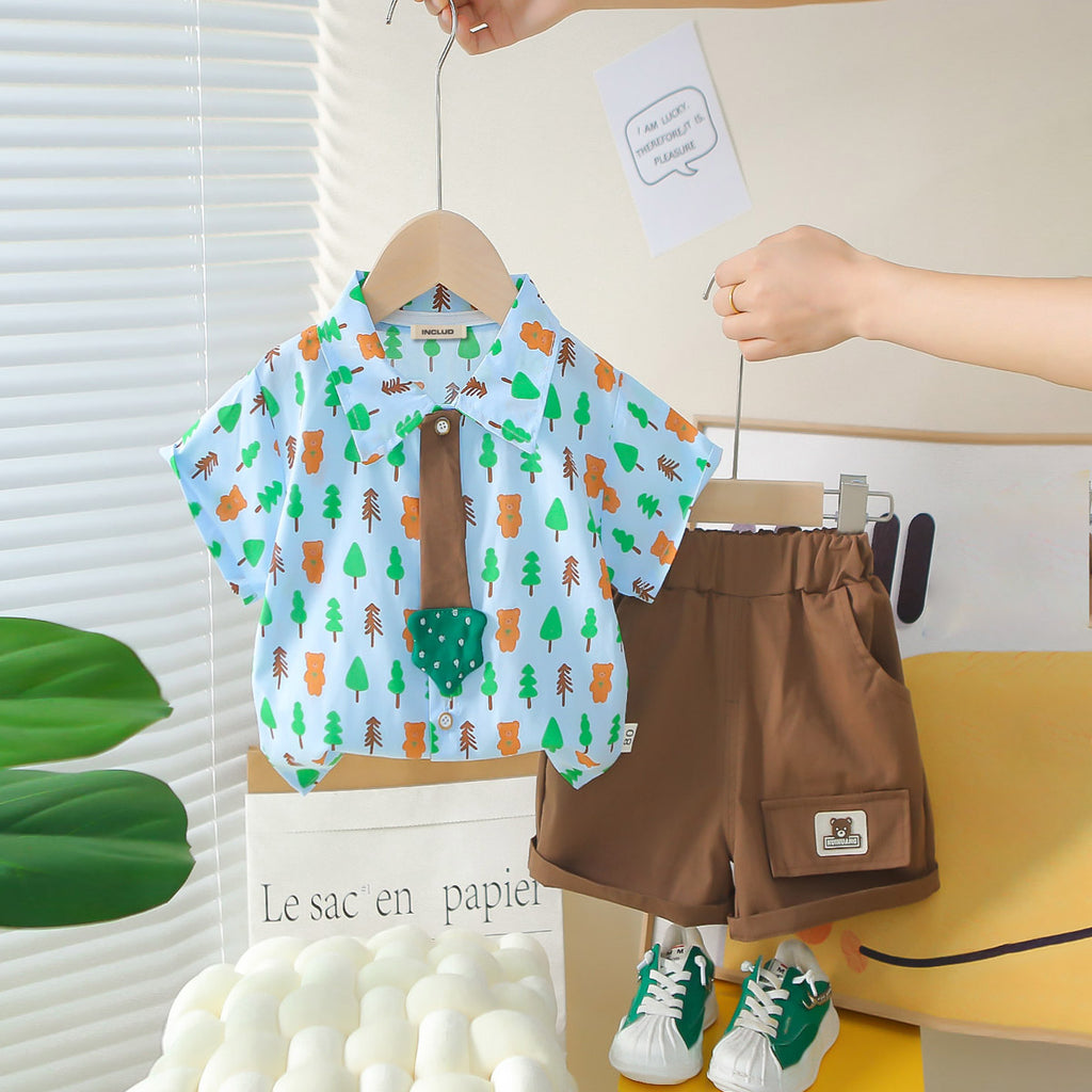 Boys Blue Printed Short Sleeves Shirt With Shorts Set 2 pc. Sets Blue 1-2 Y