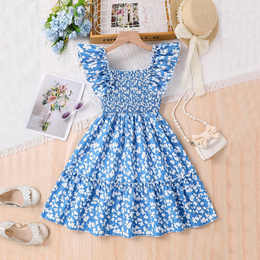 Girls Blue Floral Printed Square Neck Fit & Flare Smocked Dress Casual Dresses