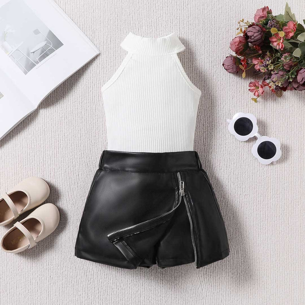 Girls Halter Neck Top With Faux Leather Skirt Set Sets