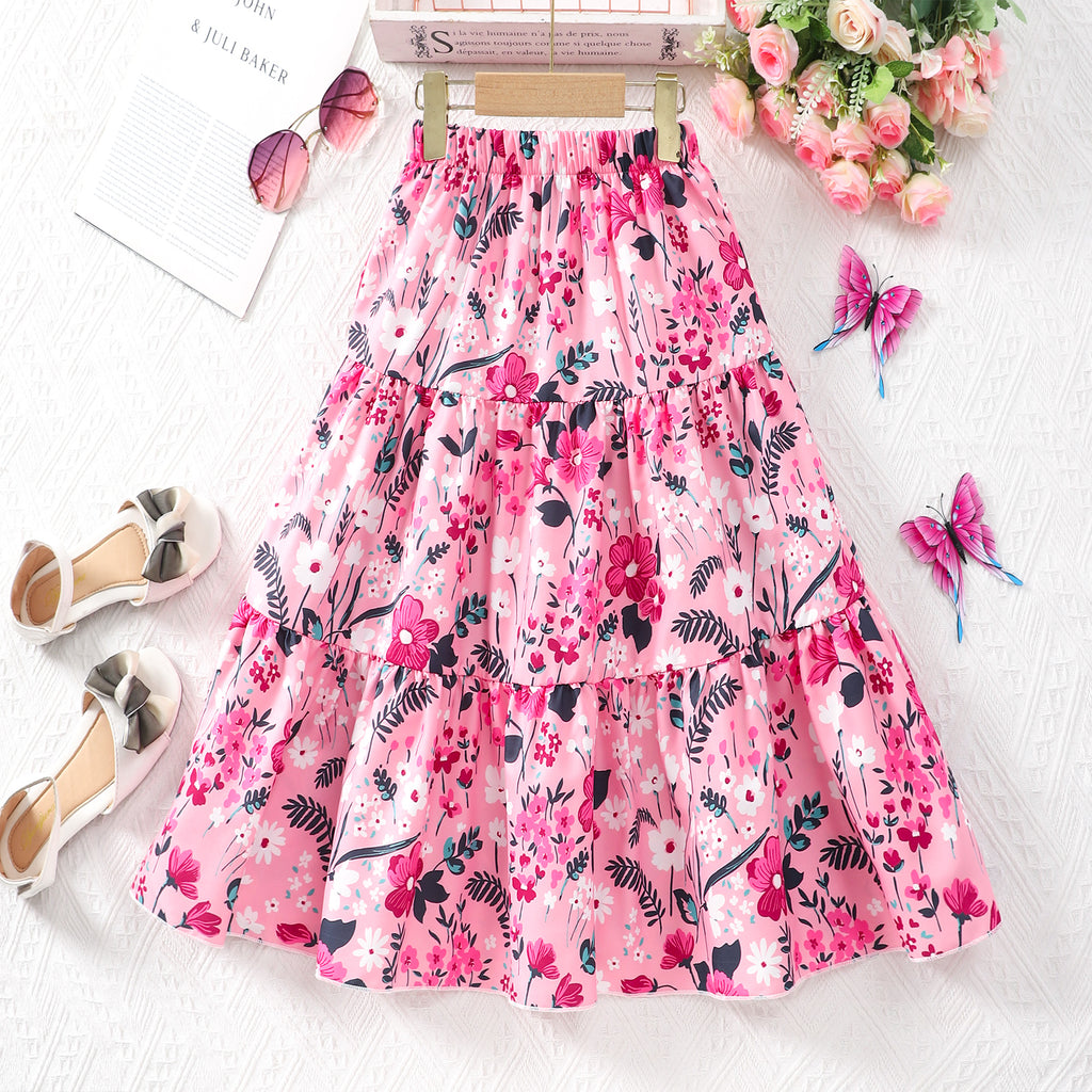 Girls Pink Floral Printed Long Elasticated Skirt Skirts Pink 7-8 Y
