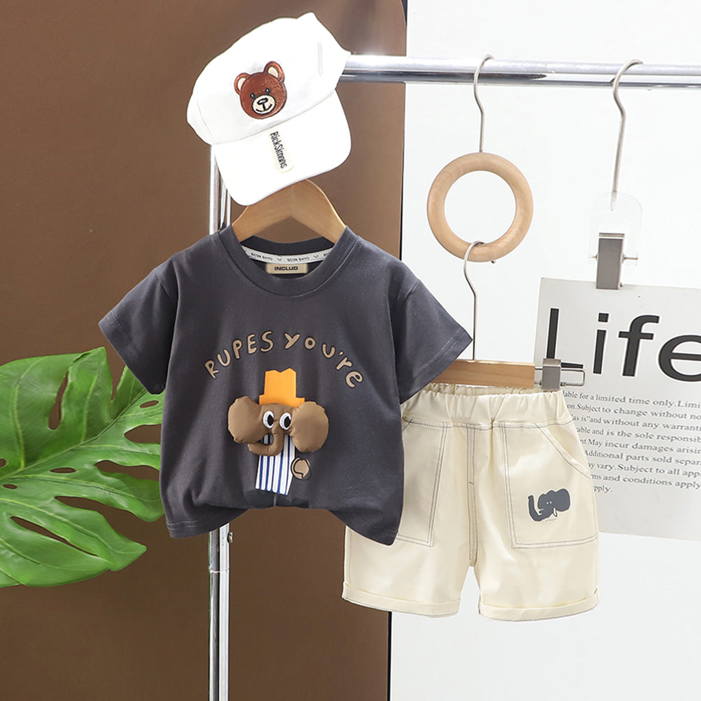 Boys Grey Elephant Applique Short Sleeves T-shirt With Shorts Set 2 pc. Sets Grey 1-2 Y