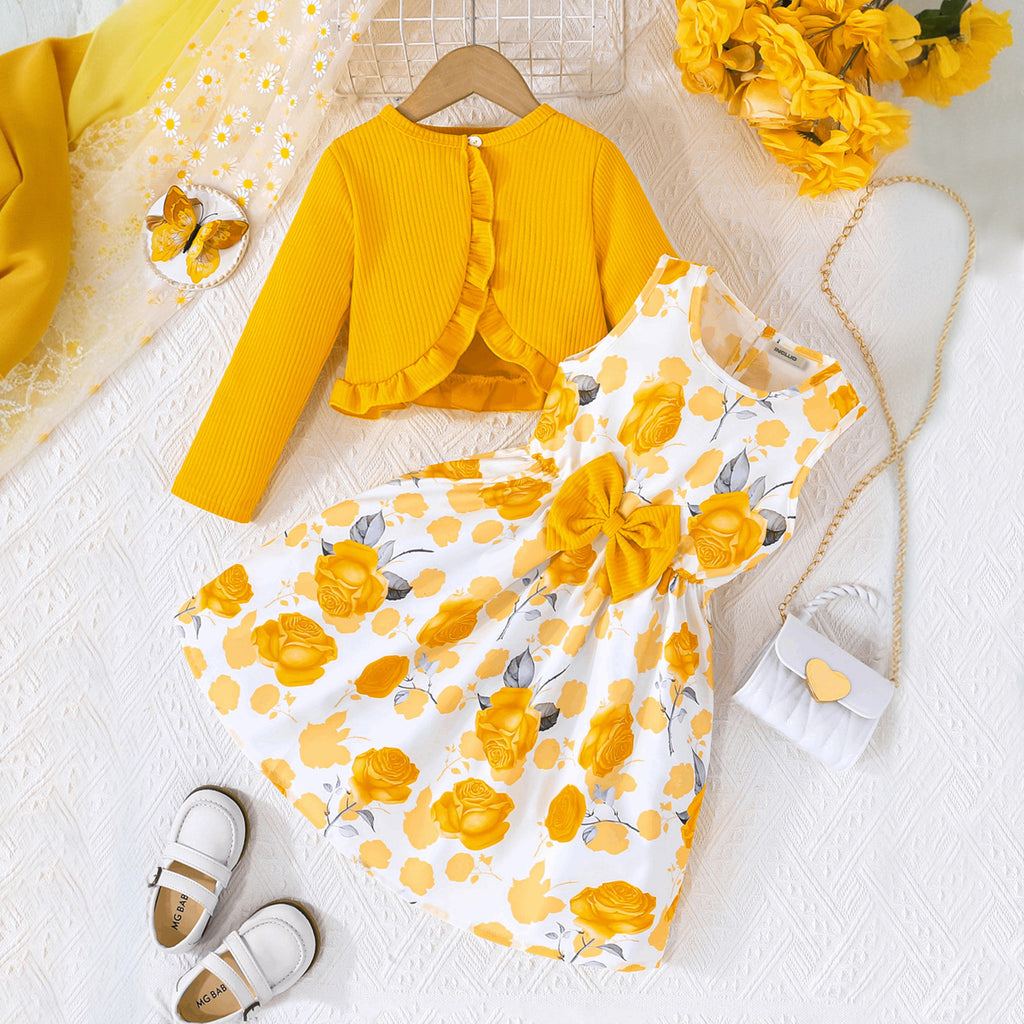 Girls Yellow Long Sleeve Top With Sleeveless Floral Print Dress Casual Dresses Yellow 2-3 Y