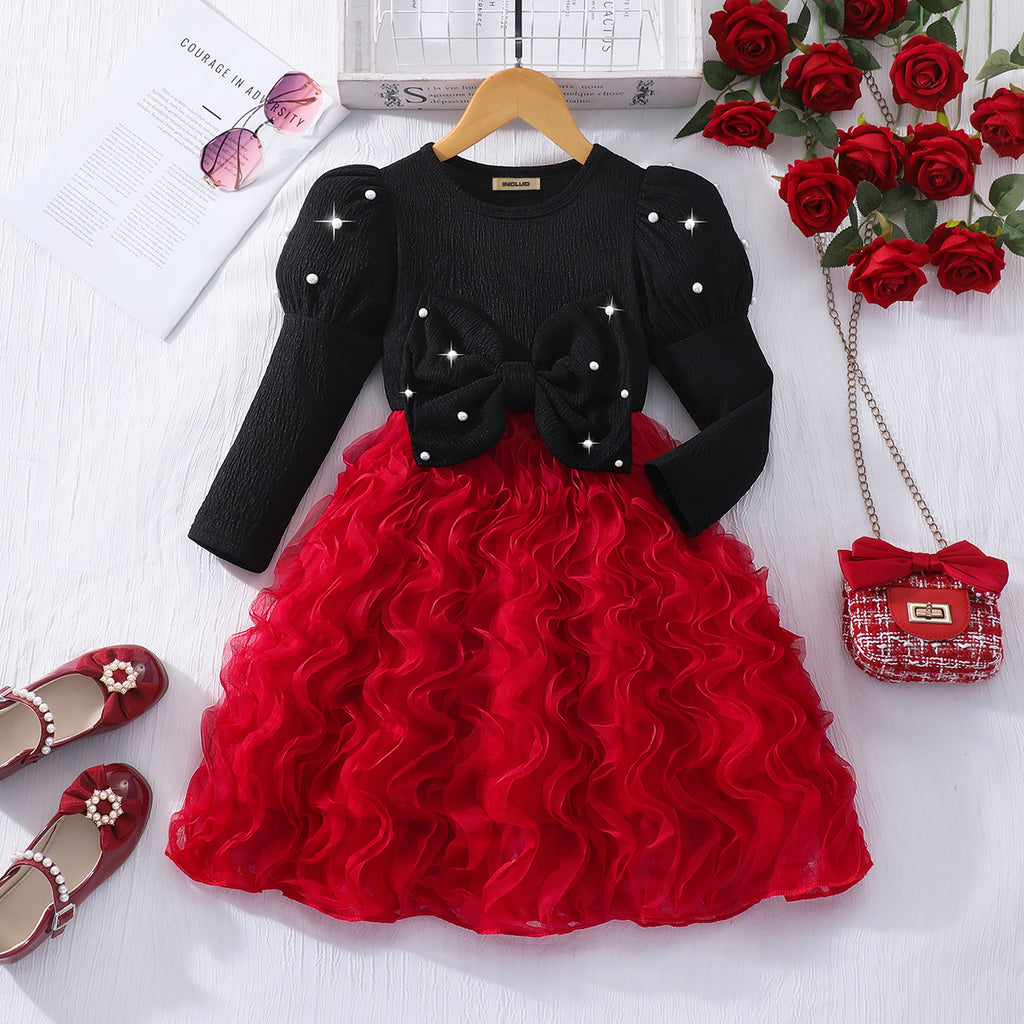 Girls Red Textured Beaded Fit & Flare Dress Casual Dresses Red 3-4 Y