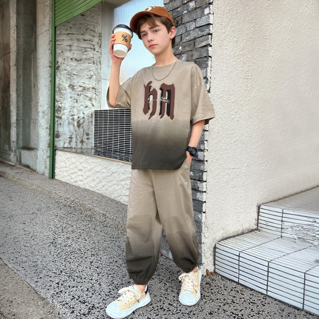 Boys Khaki Ombre Printed Summer T-Shirt With Jogger Set 2 pc. Sets Khaki 5-6 Y