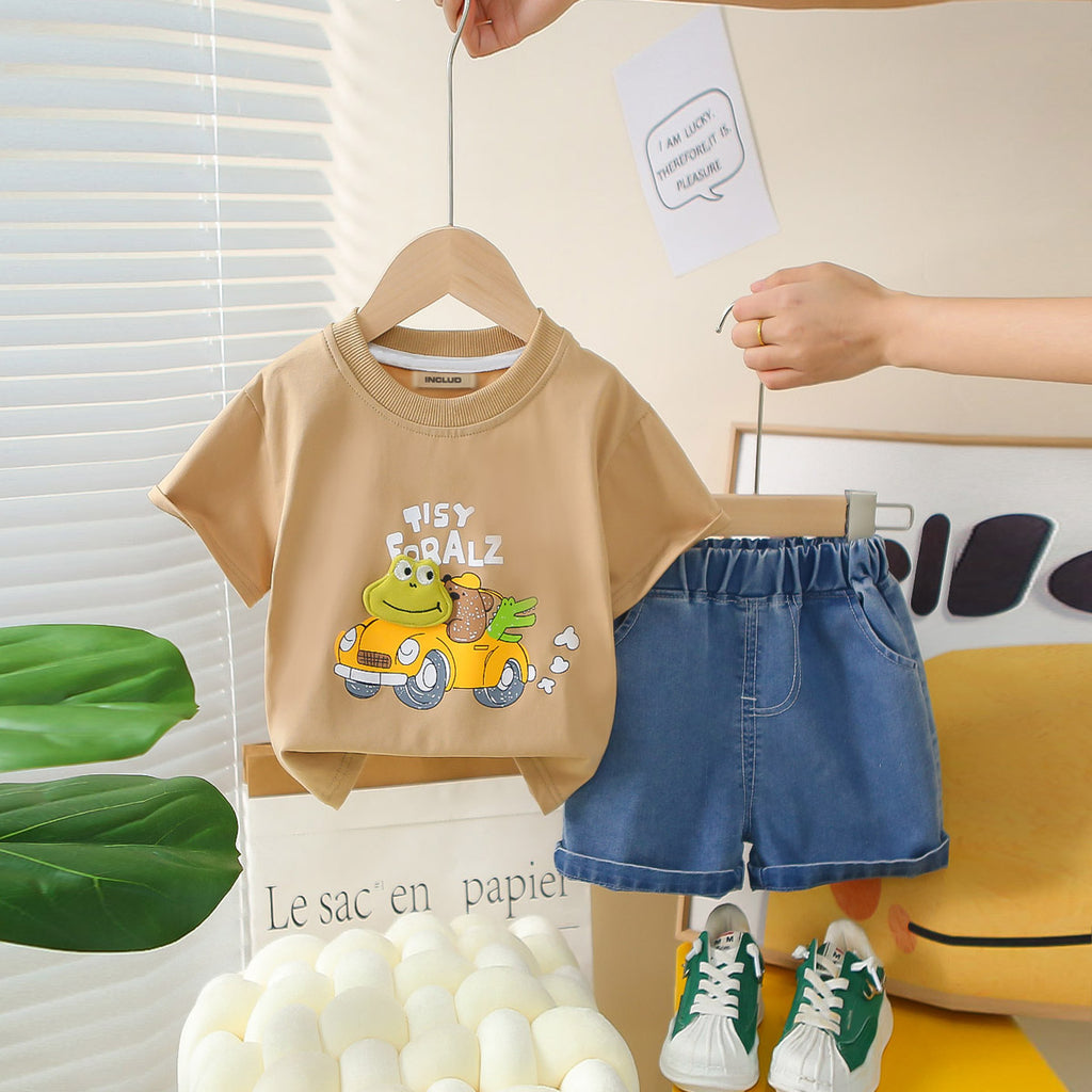 Boys Light Brown Car Printed Short Sleeves T-Shirt With Denim Shorts Set 2 pc. Sets Light Brown 1-2 Y