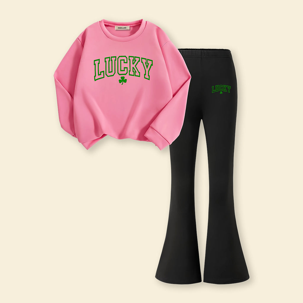 Girls Pink Typographic Printed Sweatshirt With Pants Sets 2 pc. Sets Pink 7-8 Y