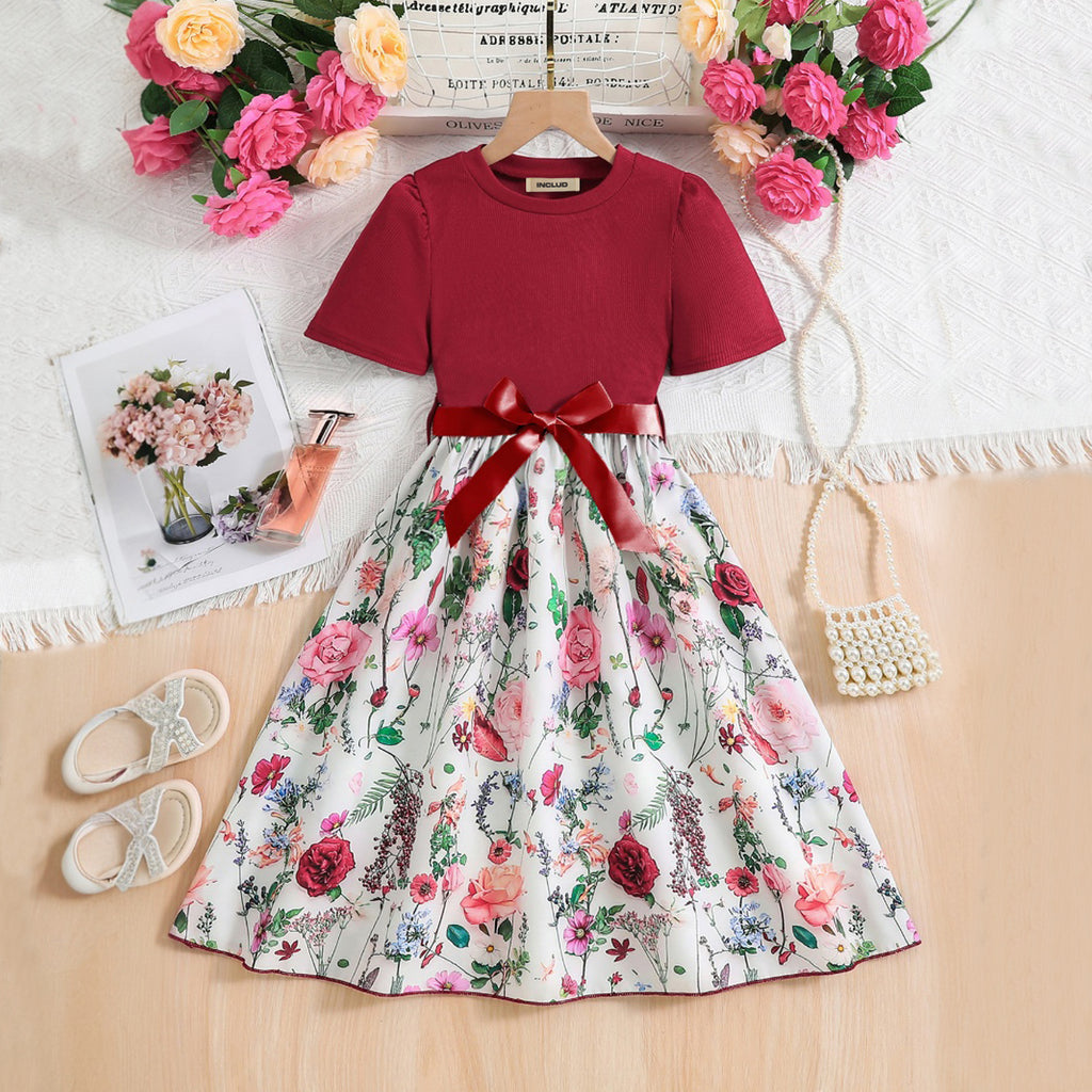 Girls Maroon Rose Printed Short Sleeves Fit And Flared Dress Casual Dresses Maroon 3-4 Y