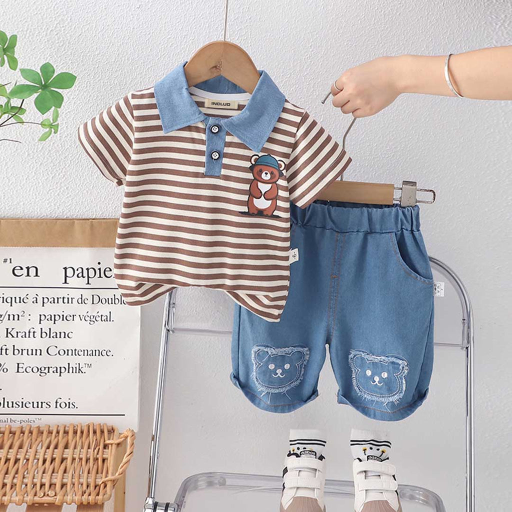 Boys Short Sleeve Striped Polo T-Shirt With Denim Pants Set 2 pc. Sets Brown 1-2 Y 
