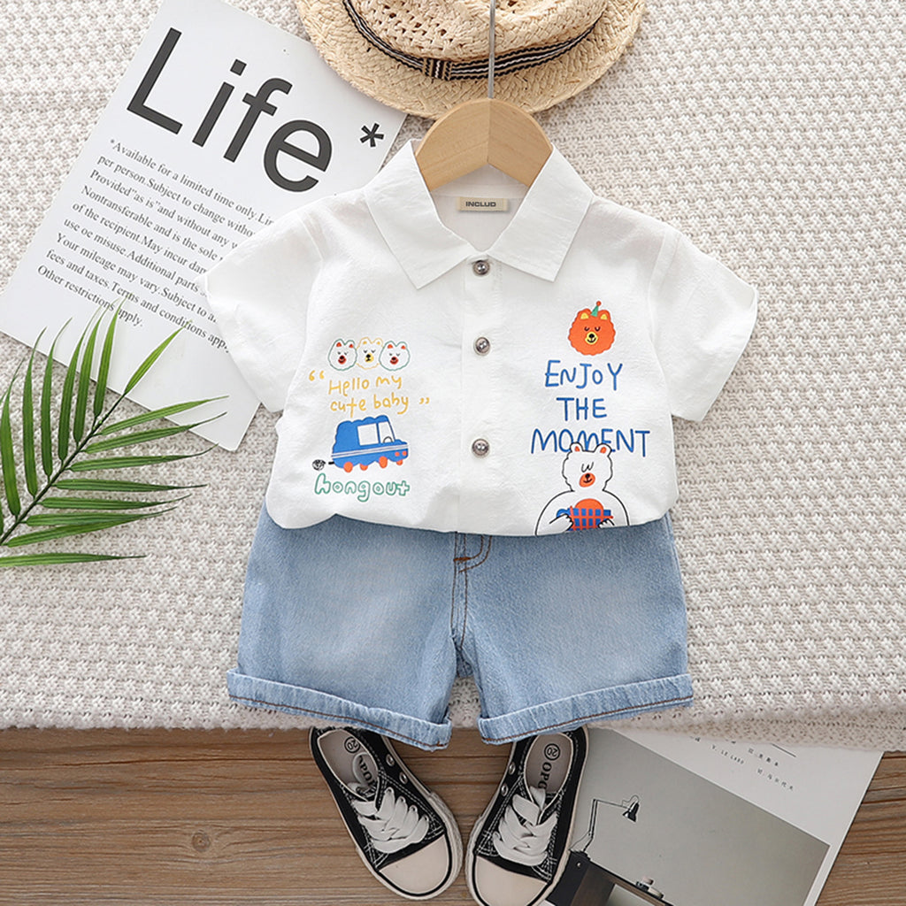 Boys White Cartoon Graphic Short Sleeve Shirt With Denim Shorts Set 2 pc. Sets White 1-2 Y
