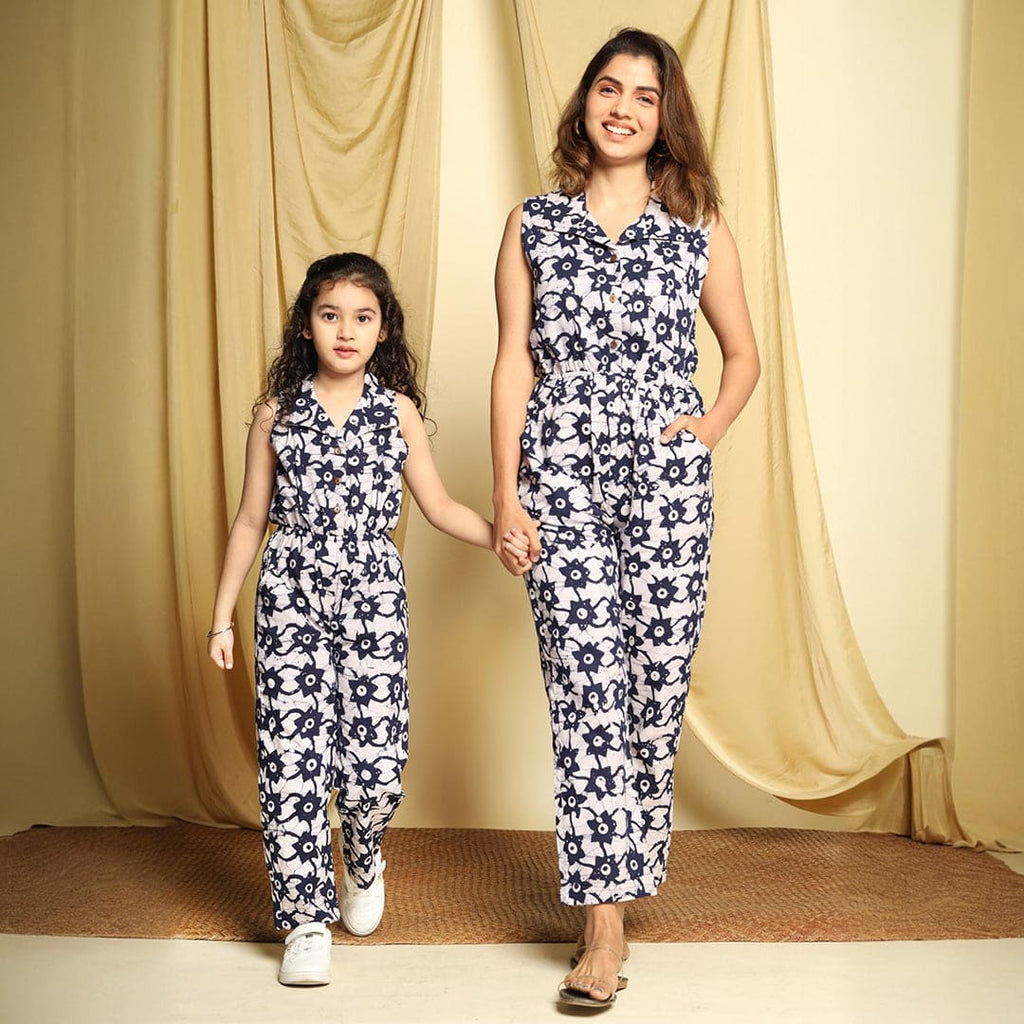 Indigo Printed Collared Jumpsuit Mom & Daughter Set Mom & Daughter Navy S 1-2 Y