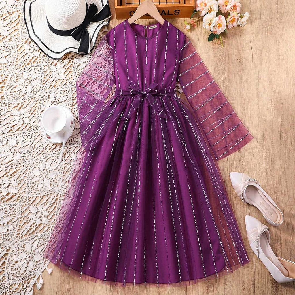 Girls Embellished Long Sleeves Party Wear Dress Party Dresses Purple 8-9 Y 