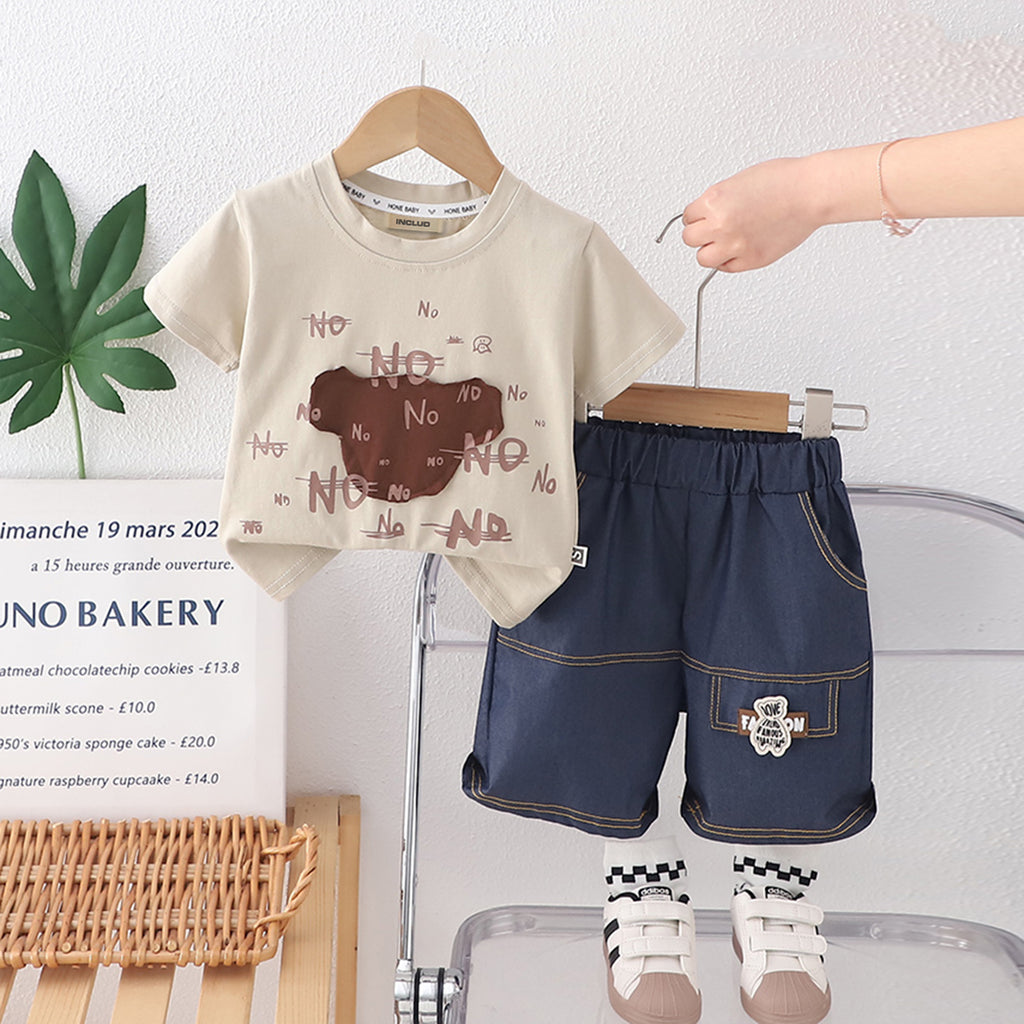 Boys Beige Graphic Printed Short Sleeves T-Shirt With Denim Shorts Set 2 pc. Sets Beige 1-2 Y