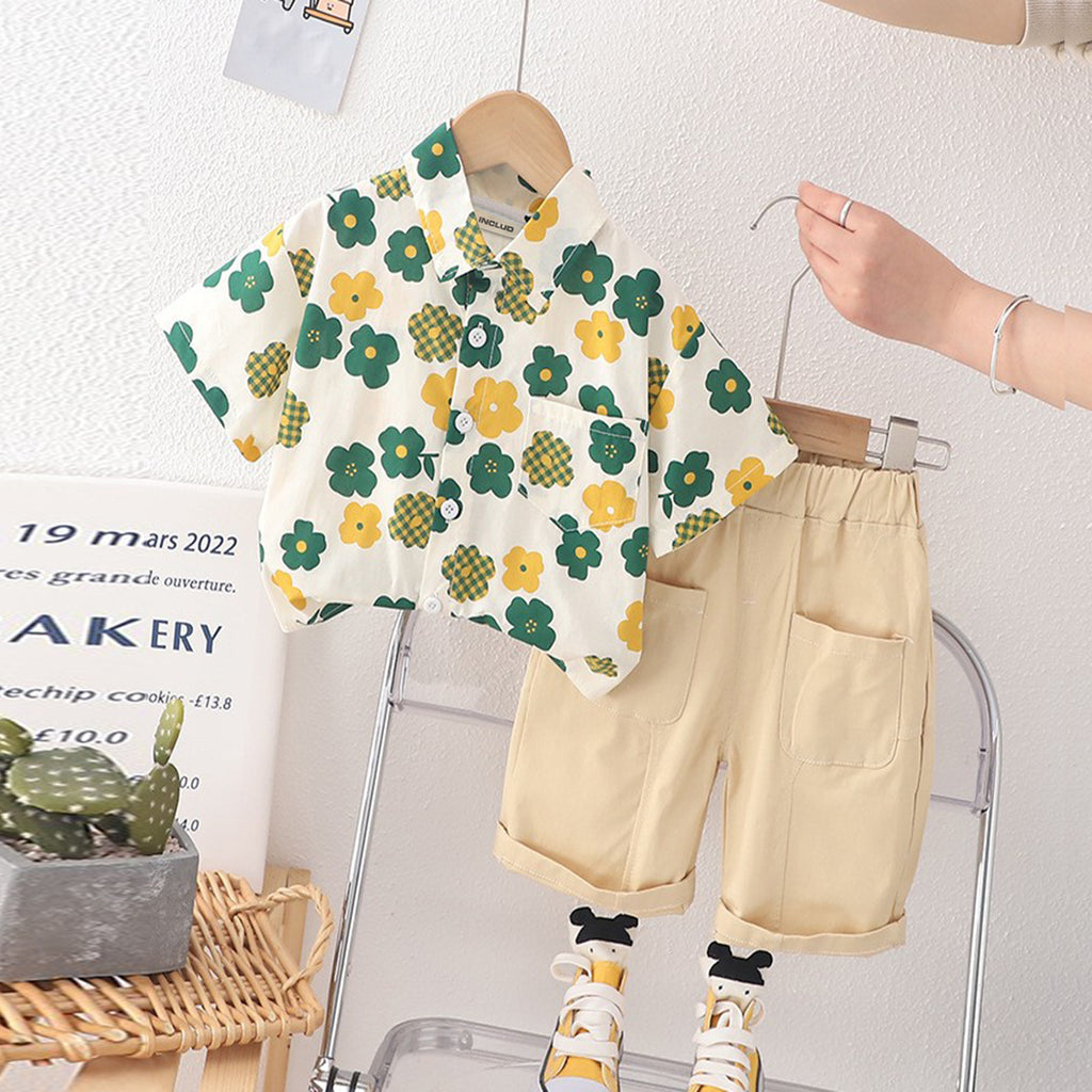 Boys Green Floral Print Shirt With Elasticated Shorts Set 2 pc. Sets Green 1-2 Y