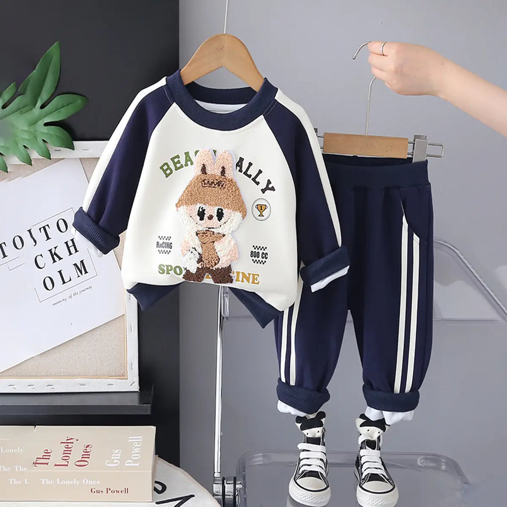 Boys Navy Blue Bunny Applique Sweatshirt With Jogger Sets Sets Navy Blue 1-2 Y