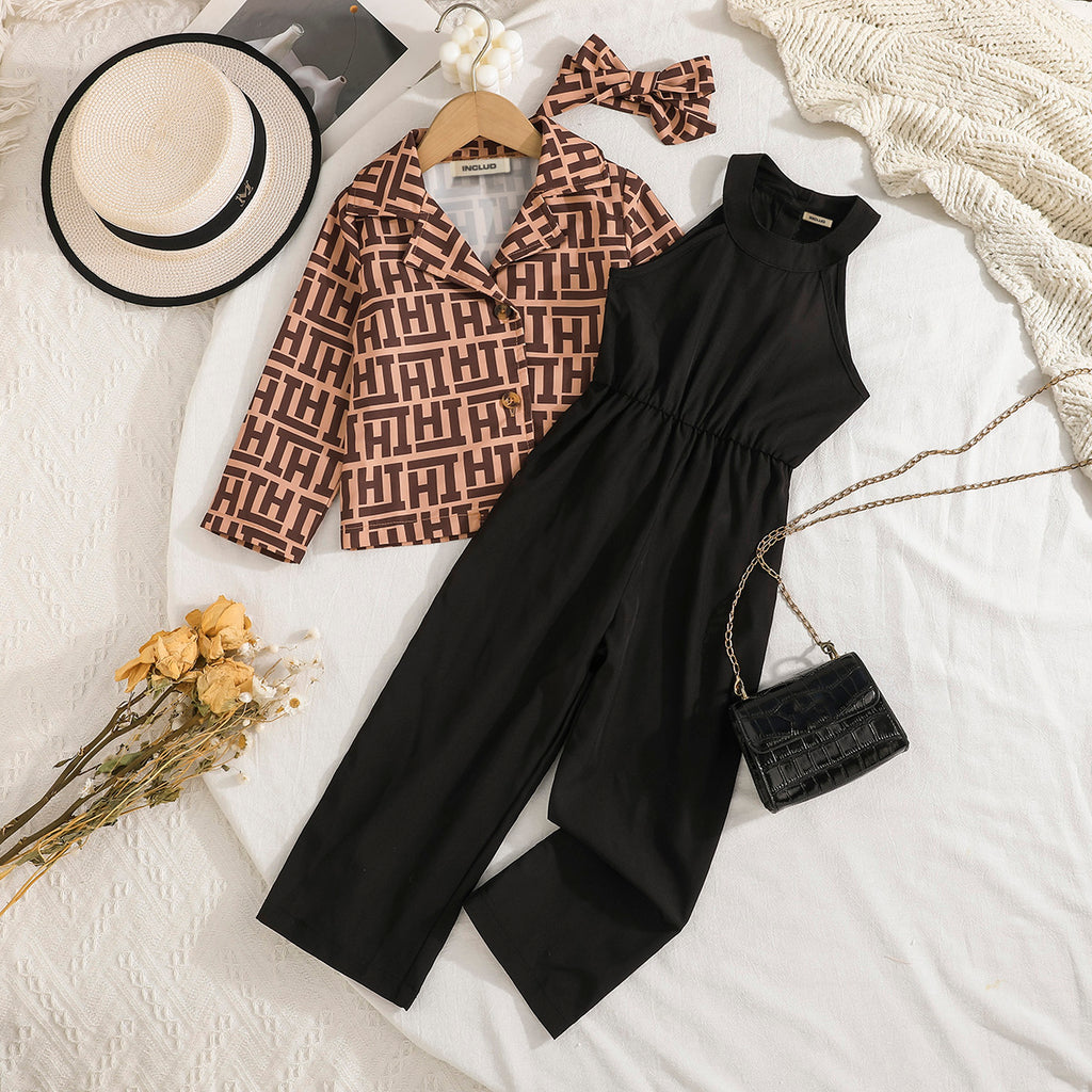 Girls Black Sleeveless Ankle Length Jumpsuit with Printed Blazer Jumpsuits Black 3-4 Y