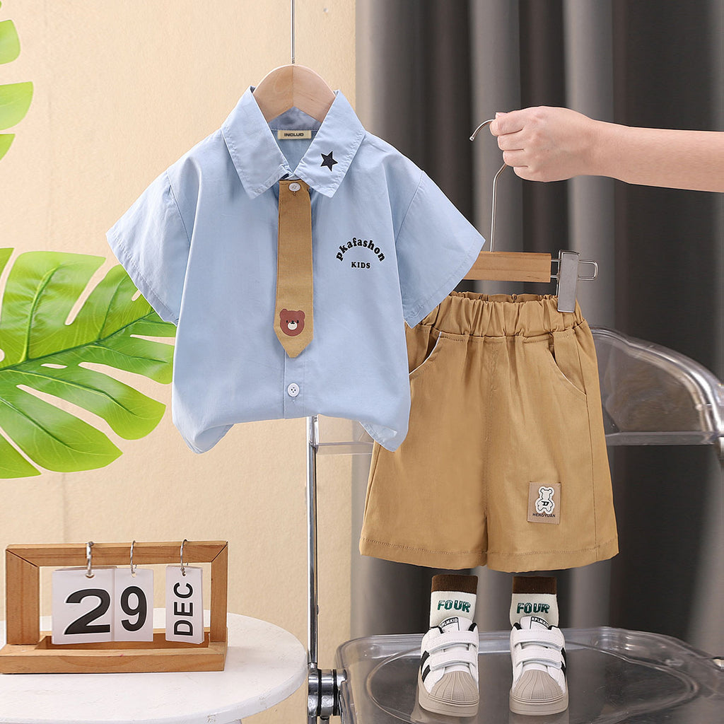 Boys Blue Shirt with attached Tie & Khaki Shorts Set Sets Blue 1-2 Y