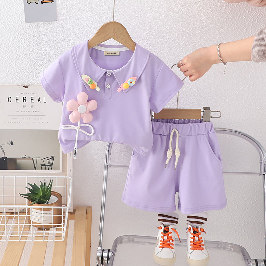 Girls Purple 3D Applique Polo T-shirt With Shorts And Hairclips Set 2 pc. Sets Purple 1-2 Y