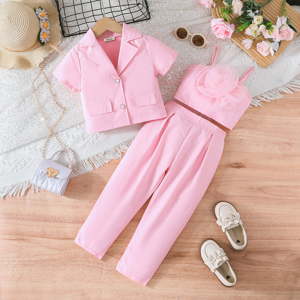 Girls Light Pink Short Sleeves Top With Pleated Pants And Camisole Top Set 3 pc. Sets