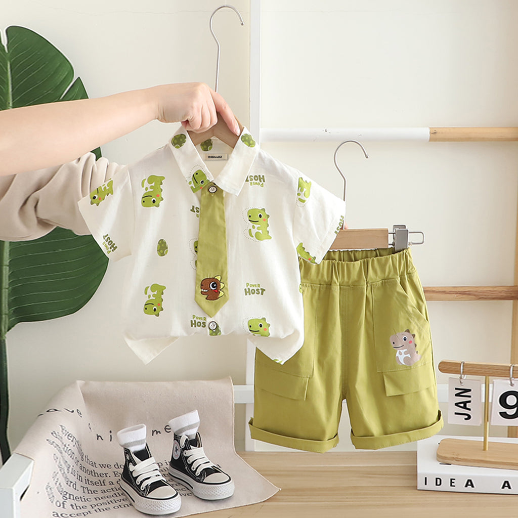 Boys Green Dino Printed Shirt With attached Tie & Shorts Set Sets Green 1-2 Y