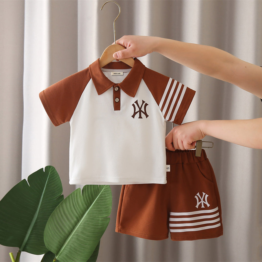 Boys Brown Side Striped Polo T-shirt with Shorts Set Sets Brown 1-2 Y