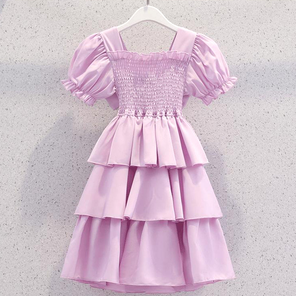 Girls Puff Sleeves Elasticated Smocking Tiered Dress Casual Dresses Purple 4-5 Y 