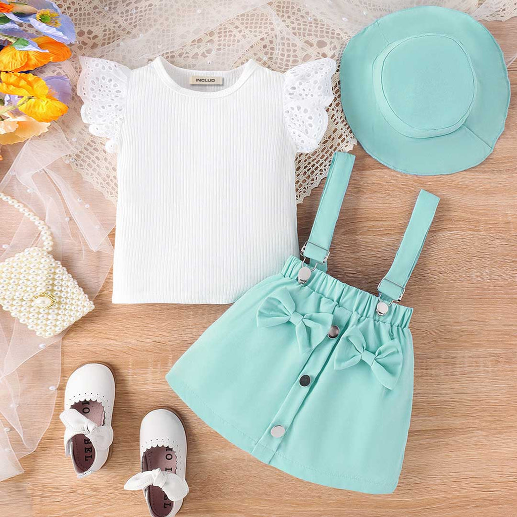 Girls Flared Sleeve Top With Suspender Skirt & Hat Set Sets Sea Green 1-2 Y 