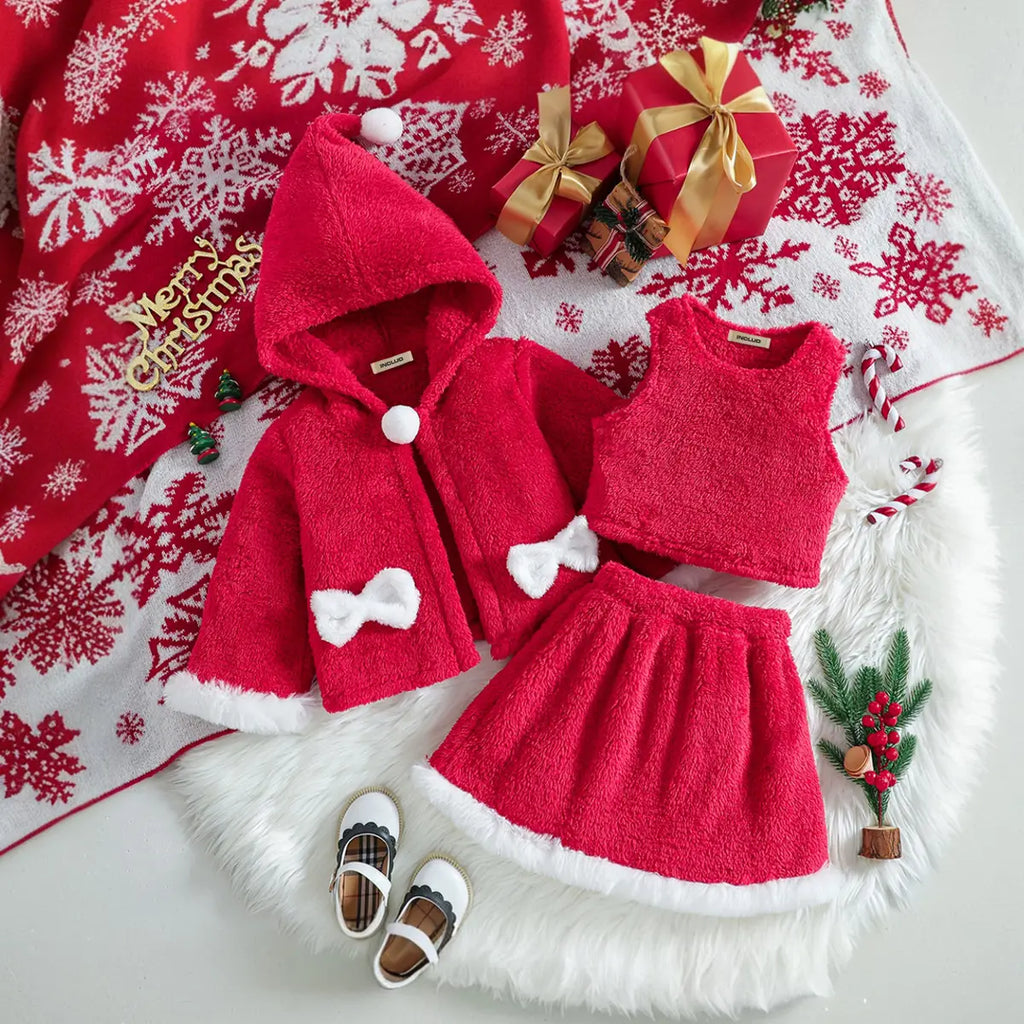 Girls Red Self-Design Long Sleeve Jacket With Sleeveless Top & Skirts Sets 3 pc. Sets Red 3-4 Y