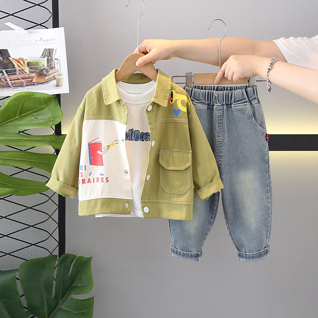 Boys Green Book Cartoon Printed Shacket With T-Shirt & Pants Set Sets Green 1-2 Y
