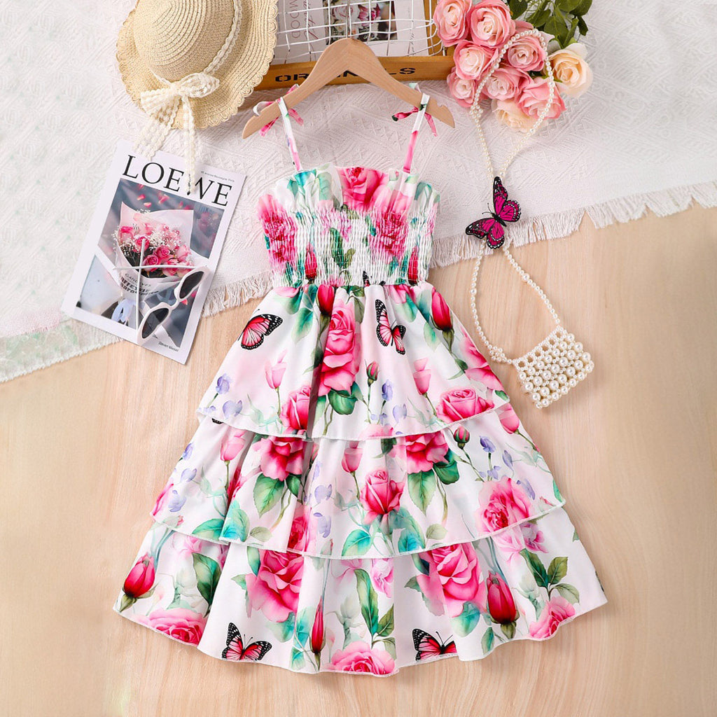 Girls White Rose Floral Printed Sleeveless Smocked Fit And Flared Dress Casual Dresses White 3-4 Y