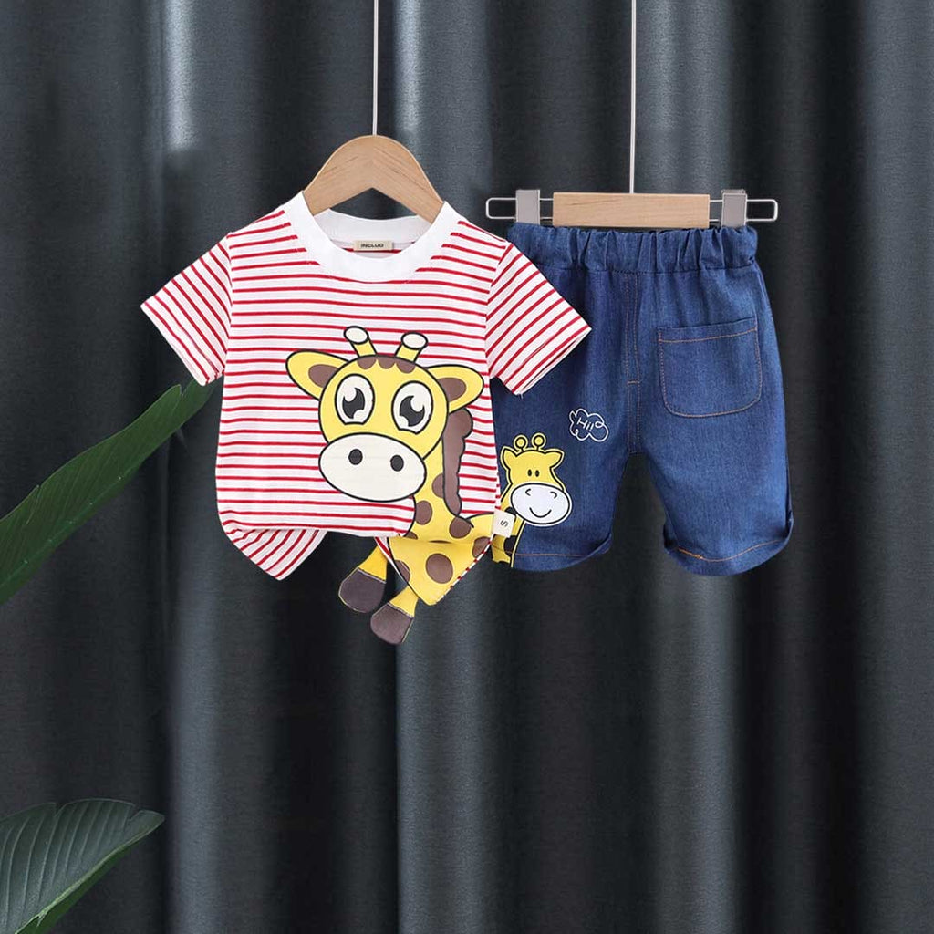 Boys Striped Giraffe Print T-shirt with Denim Shorts Set Sets Red 1-2 Y 