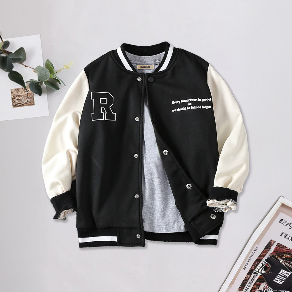 Boys Black Typographic Printed Varsity Jacket Coats & Jackets Black 7-8 Y