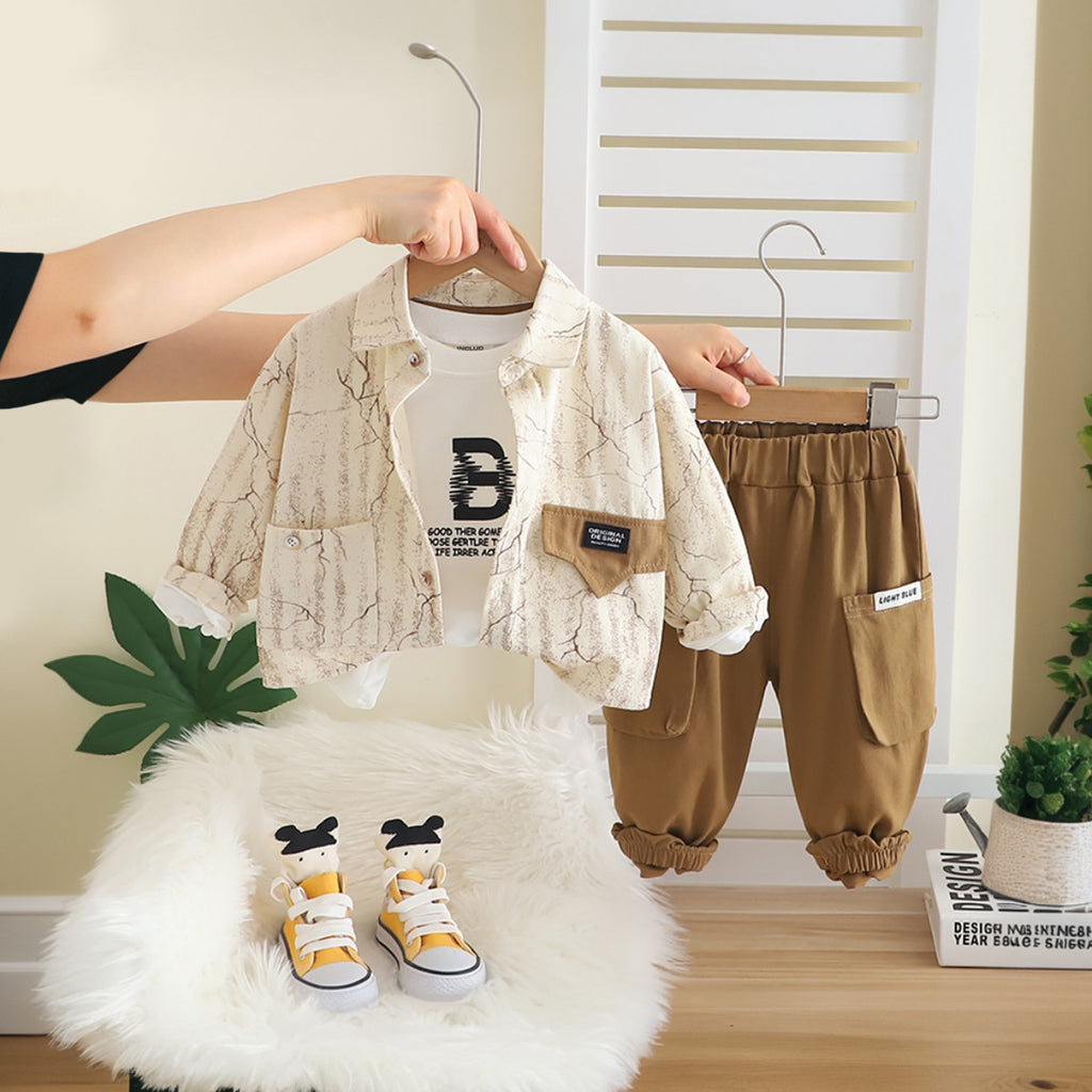 Boys Khaki Abstract Printed Shirt With T-Shirt and Pant Set 3 pc. Sets Khaki 1-2 Y