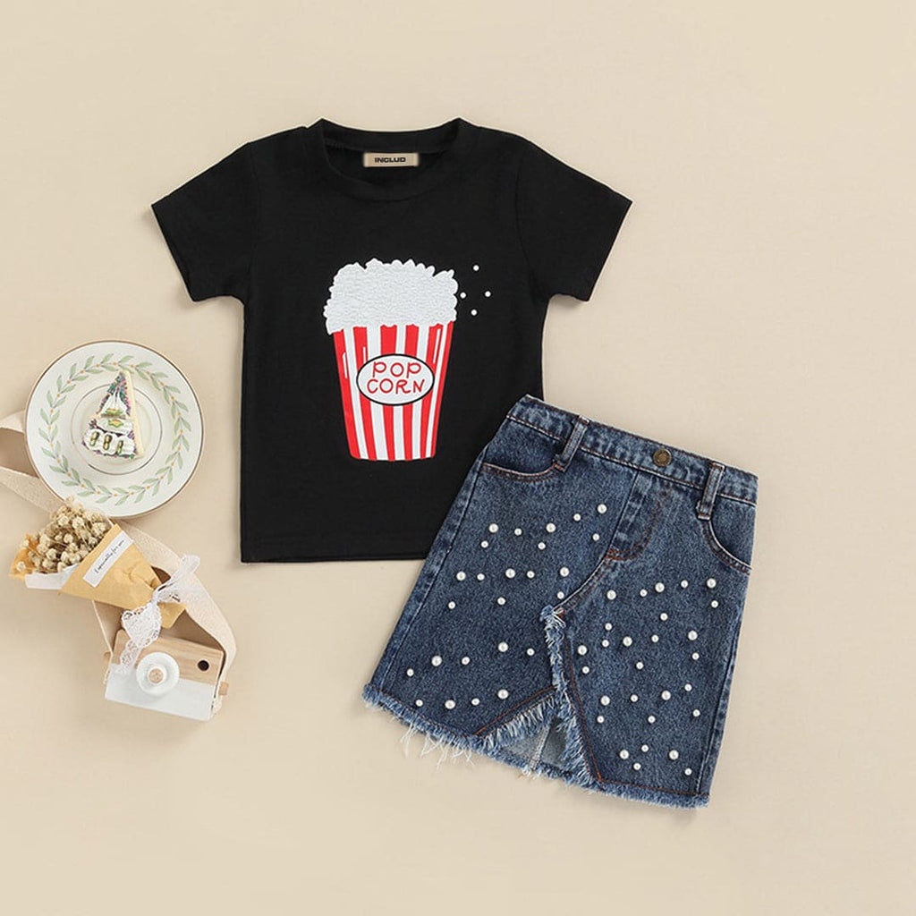Girls Graphic Print T-shirt With Beaded Slit Denim Skirt Set Sets Black 1-2 Y 