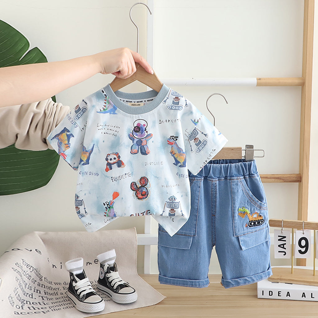 Boys Blue Scribble Printed T-shirt With Denim Shorts Set Sets Blue 1-2 Y