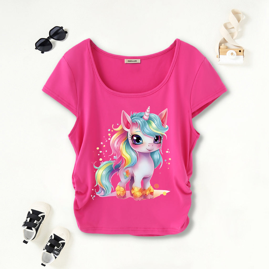 Girls Pink Unicorn Print Cap Sleeves Scoop Neck T-Shirt Tshirts Pink 7-8 Y