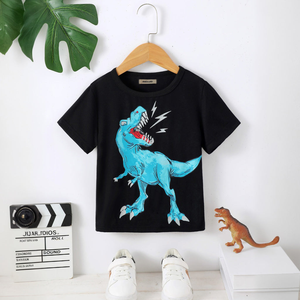 Boys Black Dinosaur Printed Short Sleeves T-Shirt Tshirts Black 3-4 Y