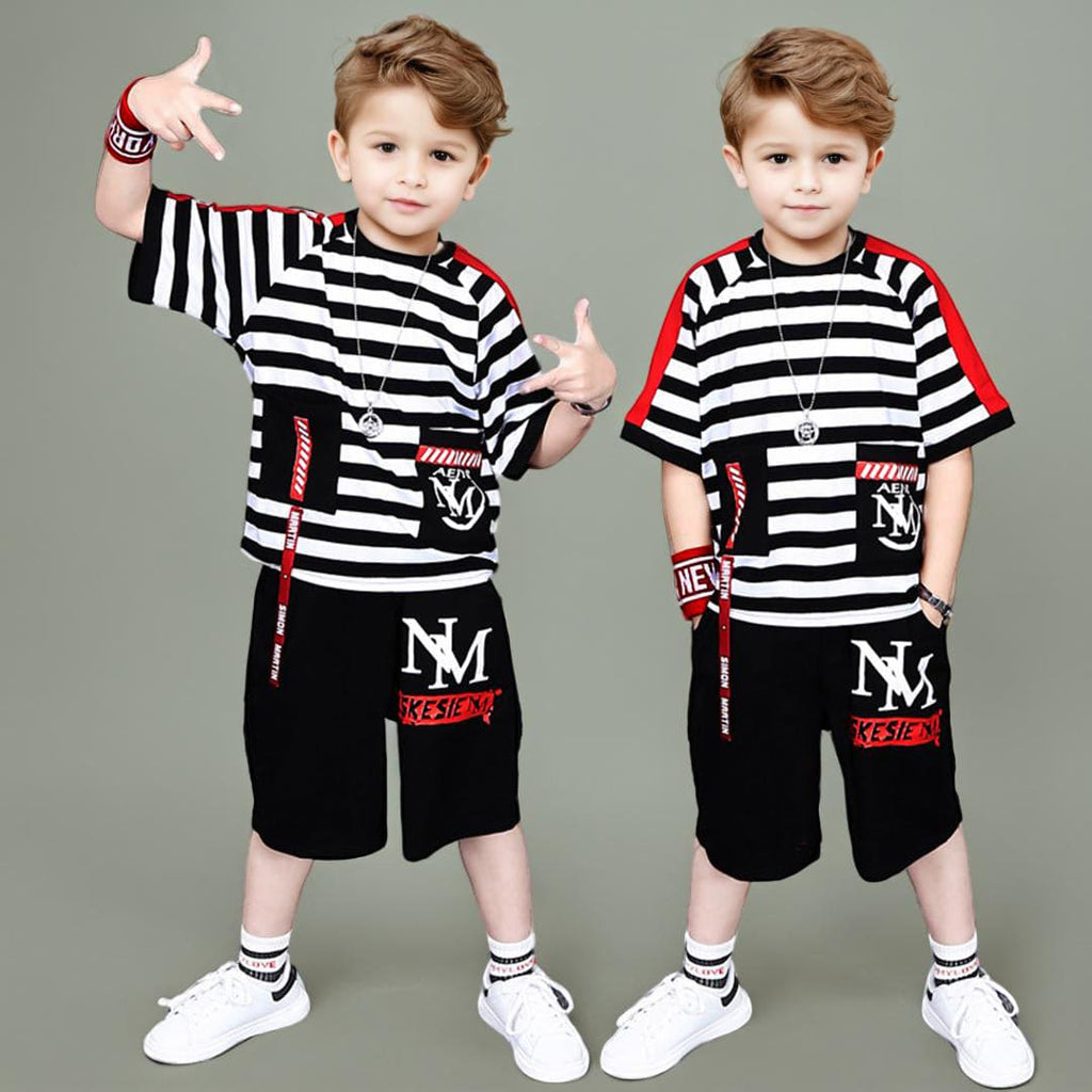 Boys Striped T-shirt with Shorts Set Sets Black 4-5 Y 