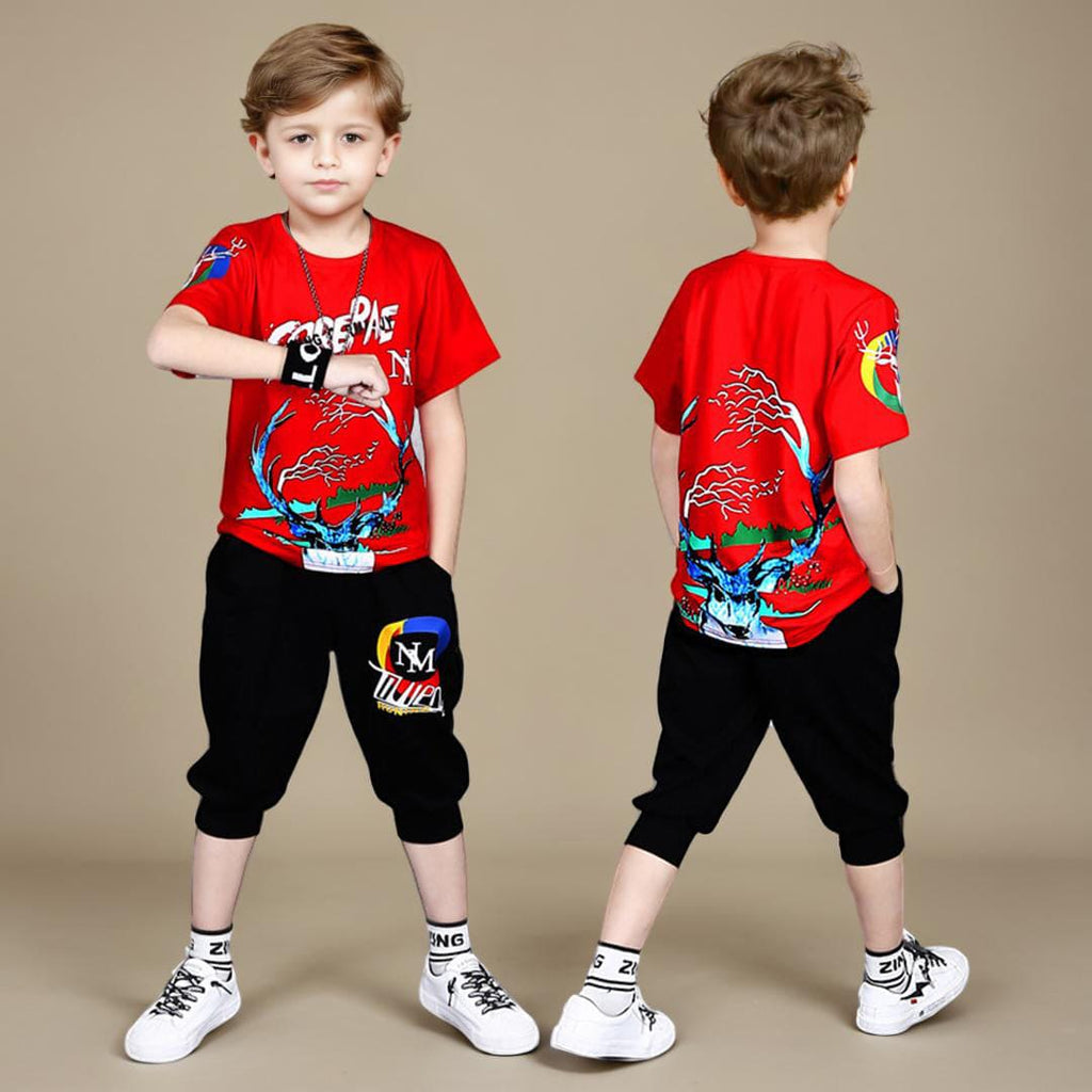 Boys Graphic Print T-shirt with Shorts Set Sets Red 4-5 Y 