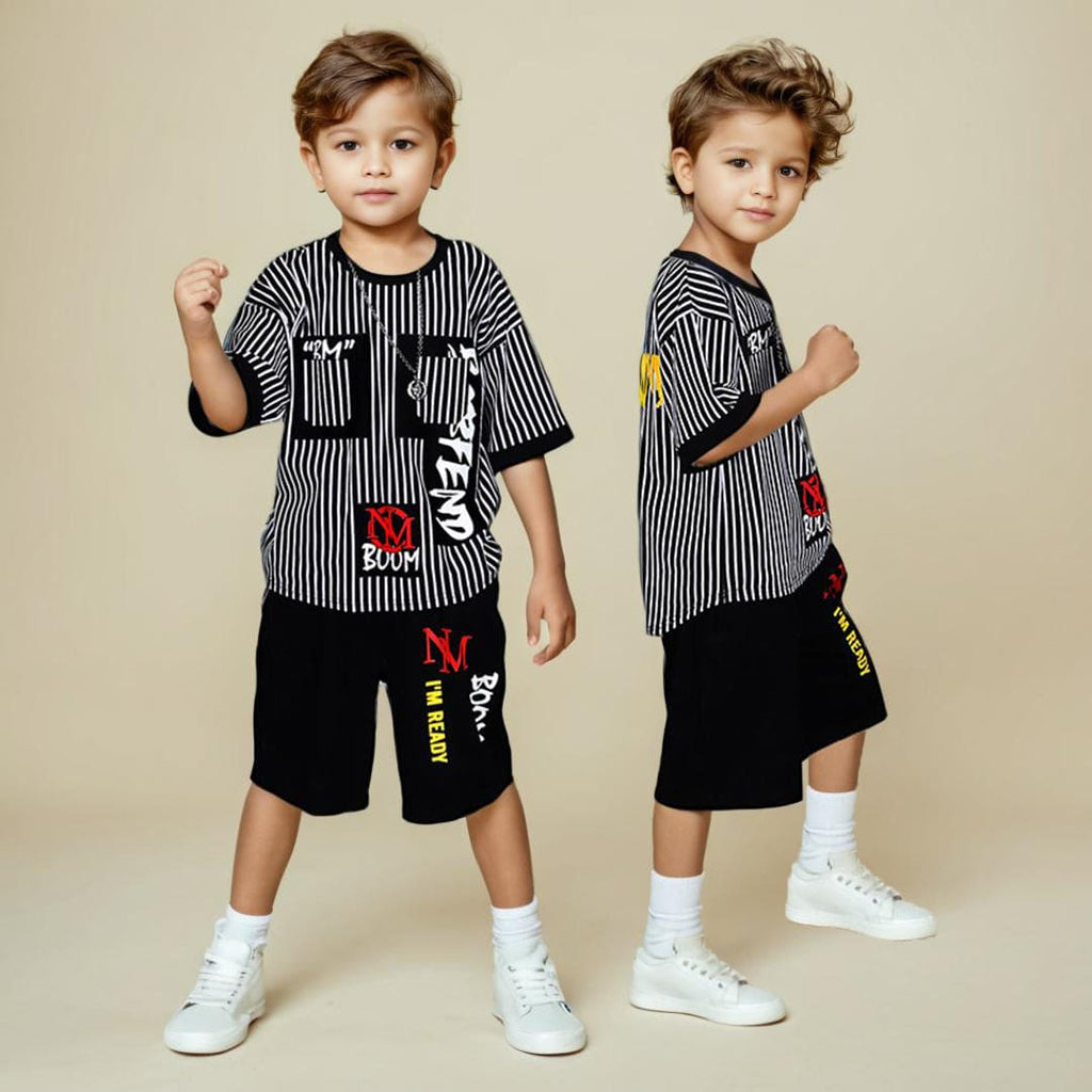 Boys Stripes High Low Bottom T-Shirt With Shorts Sets Black 3-4 Y 