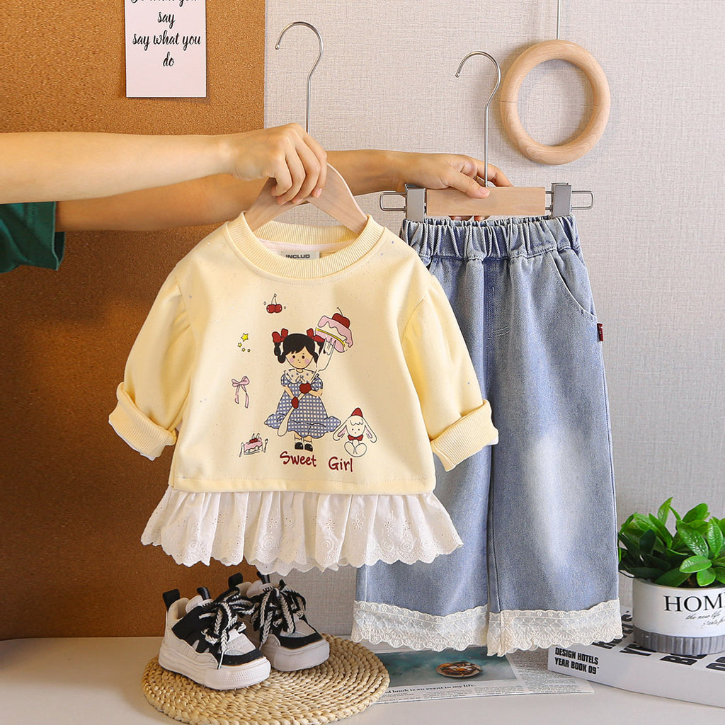 Girls Yellow Graphics Printed Top With Denim Pants set 2 pc. Sets Yellow 1-2 Y