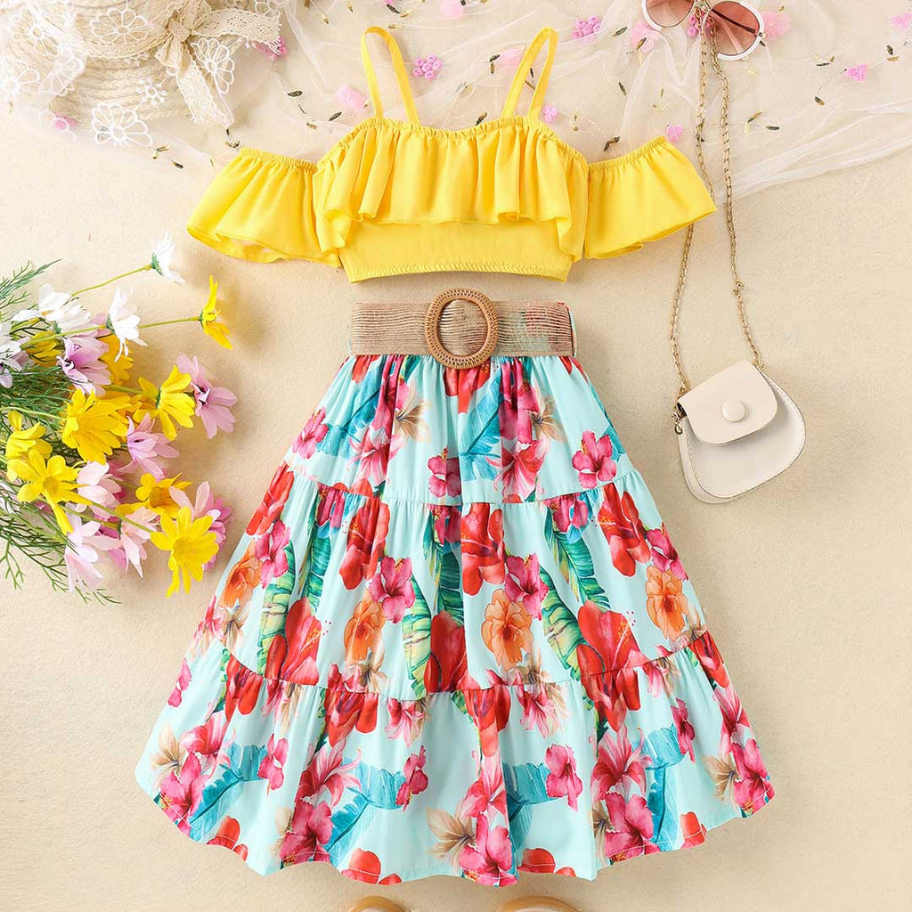 Girls Off Shoulder Top With Floral Printed Skirt & Belt 3 pc. Sets Yellow 4-5 Y 